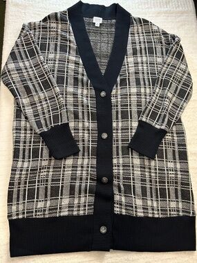 Peyton Jensen Plaid Cardigan Black White Button Front Size M